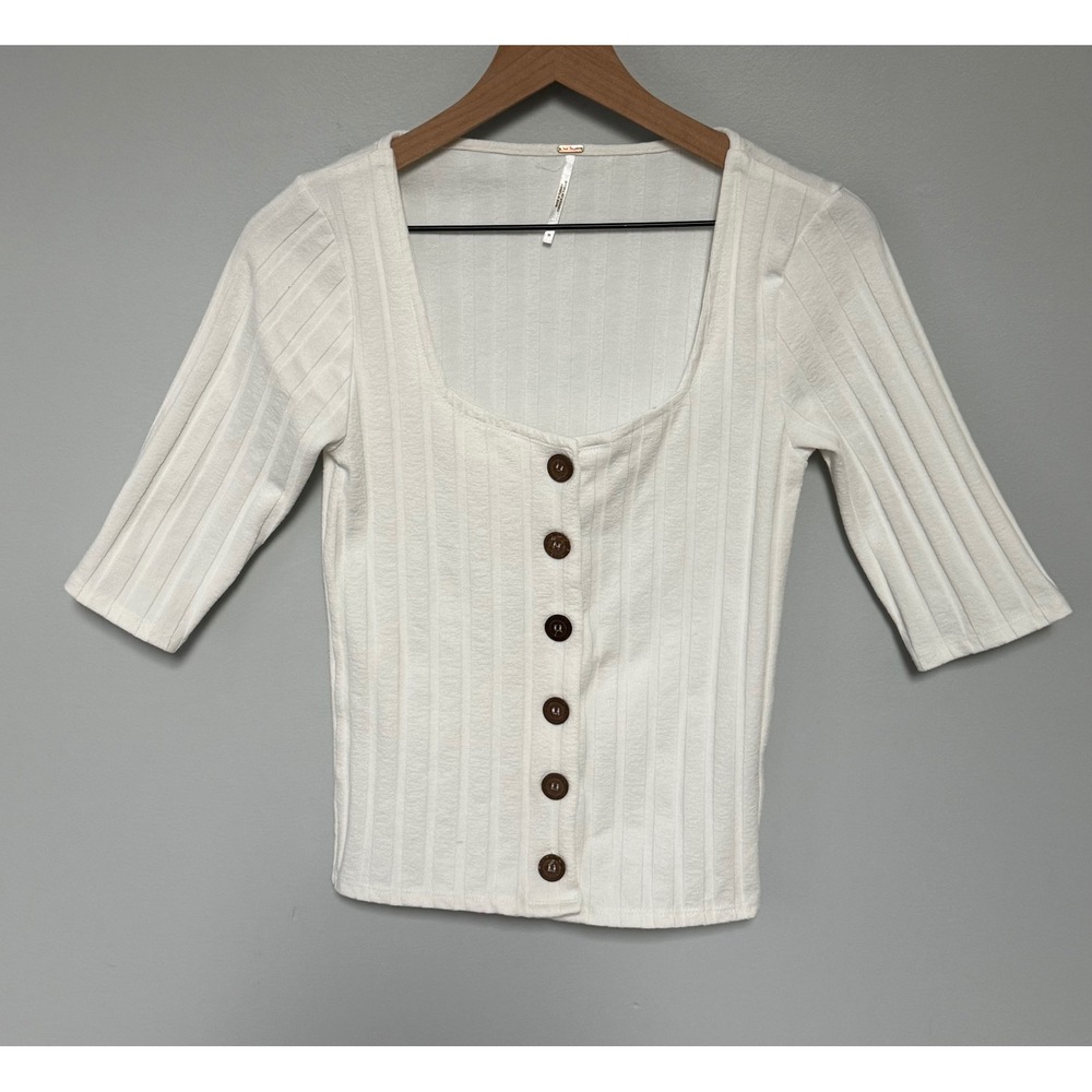 Free People Ribbed Square Neck Button Front 3/4 Sleeve‎ White Top Size Medium